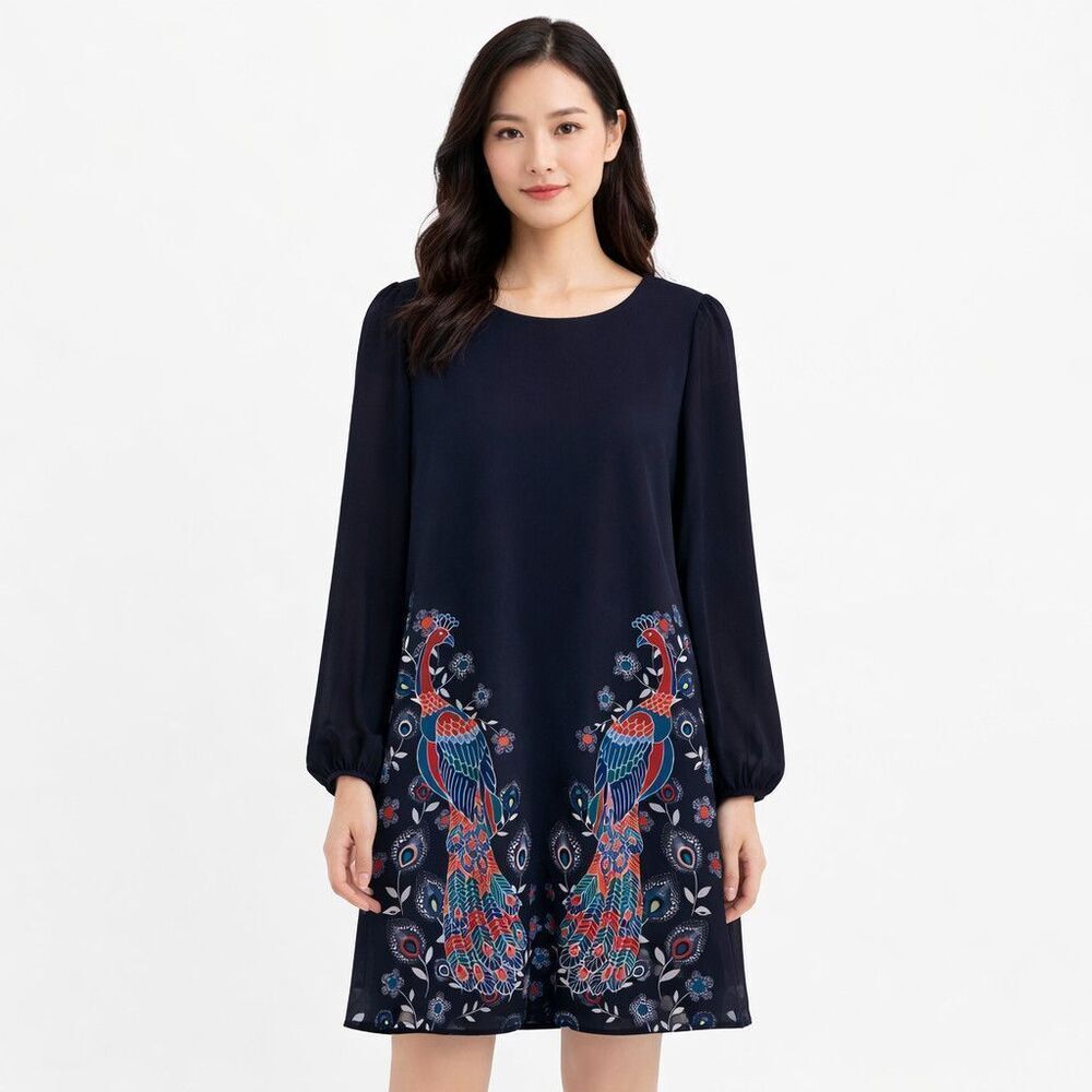 Yumi Dress Womens XS Blue Peacock Print Long Sleeve Shift Boho Party Mini